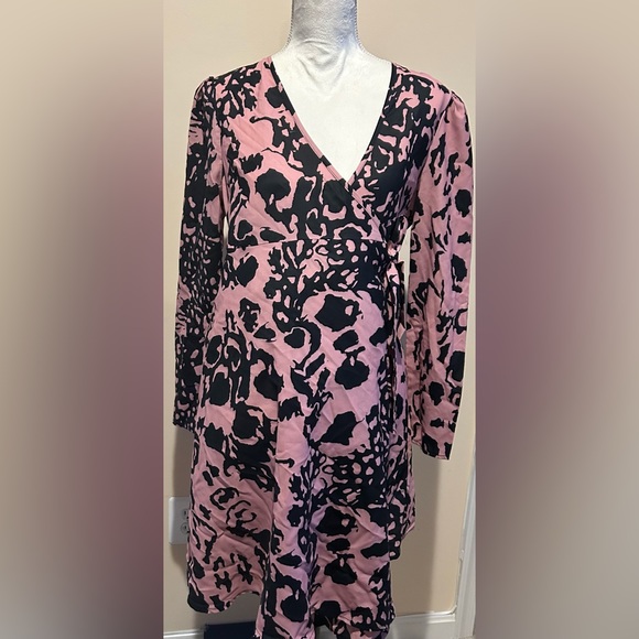 MISSGUIDED Maternity Pink Black Floral Lace Print Longsleeve Wrap Dress 6 - Picture 2 of 11